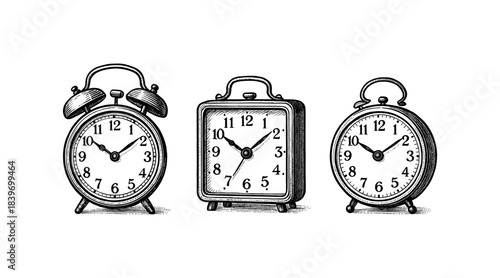 Vintage alarm clocks in a row, black and white illustration