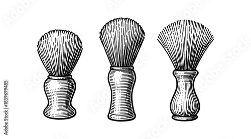 Vintage shaving brushes illustration in a classic engraved style on white background
