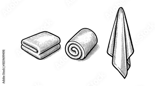 Engraved illustration of towels in various forms, black and white
