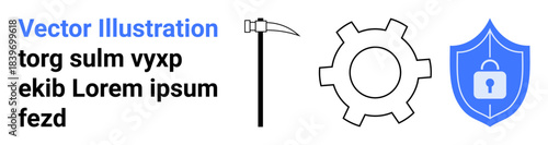 Pickaxe symbolizing effort, gear representing tools and processes, and shield with lock for security. Ideal for cybersecurity, tech solutions, data protection, mining, teamwork, software simple