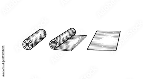 Rolled and Unrolled Yoga Mat Illustration in Black and White