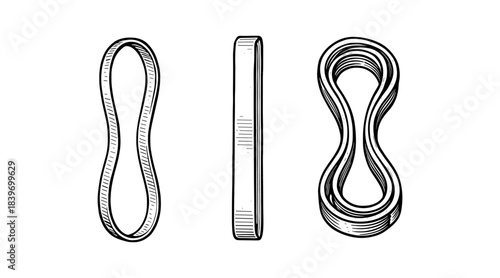 Detailed illustration of a resistance band in three different views against a white background.