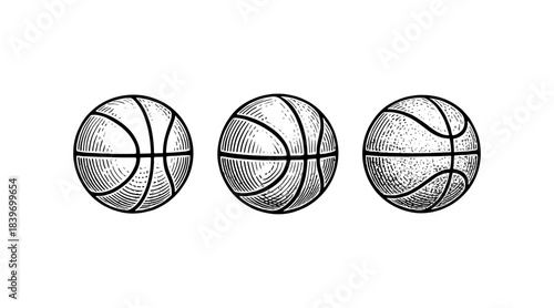 Engraved basketballs in a row, black and white illustration on white background