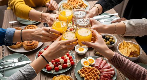 Friends toasting with orange juice and water at a delicious buffet spread