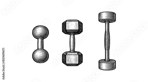 Engraved dumbbells illustration in black and white, fitness and exercise concept