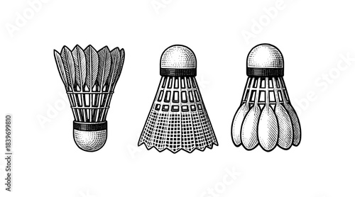 Detailed illustration of three badminton shuttlecocks in a classic engraved style