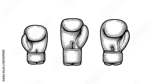 Detailed illustration of boxing gloves in a classic engraved style on white
