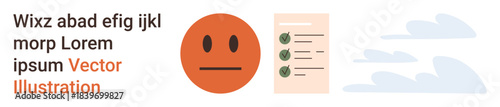 Communication, evaluation, assessment, data organization, task completion, and feedback. Neutral emotion, a checklist with checkmarks and text placeholder. Communication and evaluation concept