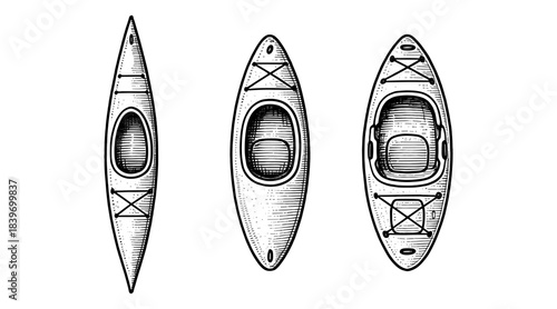 Detailed illustration of three kayaks from a top-down perspective, isolated on white
