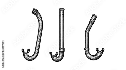Engraved illustration of three different vintage snorkels on white background