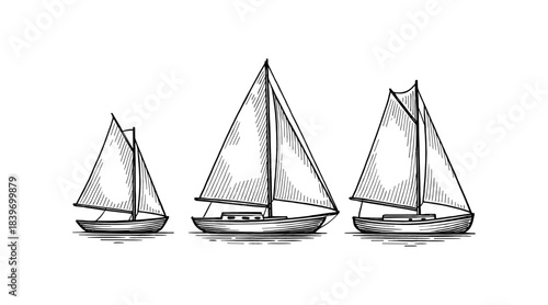 Hand-drawn sailboats illustration in black and white, perfect for nautical themes