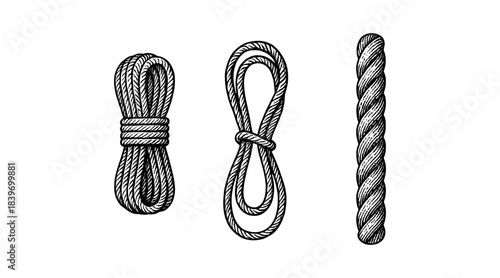Detailed illustration of three different rope styles in black and white