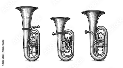 Detailed illustration of three tuba instruments on a white background