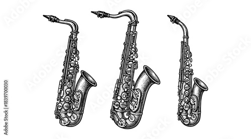Detailed illustration of three saxophones in a classic engraving style