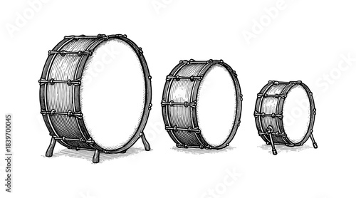 Detailed illustration of three bass drums in a vintage engraving style