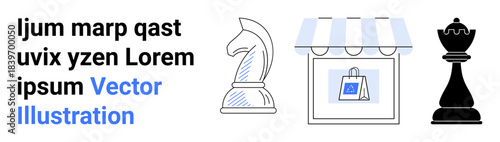 Strategy, e-commerce, decision-making, retail, business planning, marketing. Chess pieces with a storefront and shopping bag. Strategy and e-commerce creatively