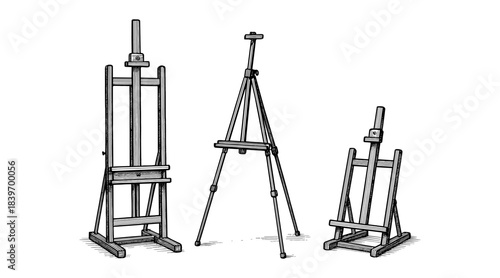 Ink drawing of three artist easels on a white background