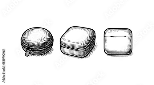 Engraved illustration of three different cases on a white background
