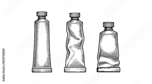 Ink drawing of three paint tubes in various states of use and wear