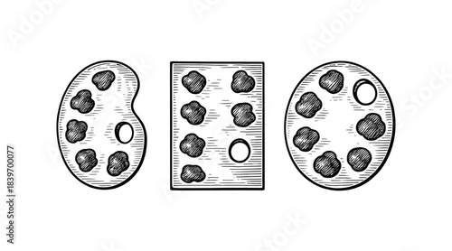 Engraved illustration of three artist's paint palettes in different shapes