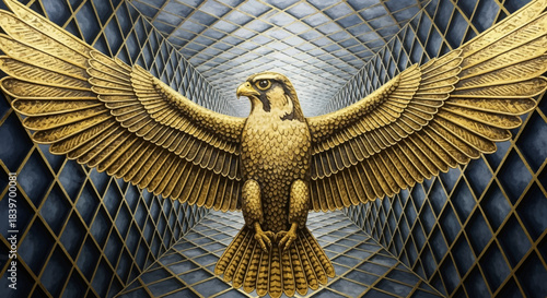 Majestic golden falcon with outstretched wings featuring intricate metallic texture and a symmetrical geometric background symbolizing power luxury and success