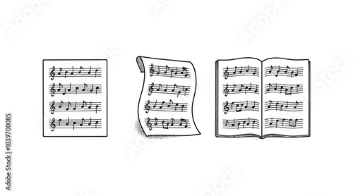 Musical notes on paper in different forms, black and white illustration