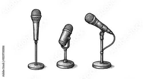 Vintage microphone illustrations in black and white, perfect for music and audio projects