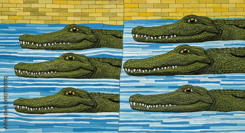 Textured illustration of multiple alligators swimming in blue water a detailed wildlife depiction for nature and animal concepts
