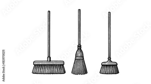Detailed illustration of three different brooms on a white background