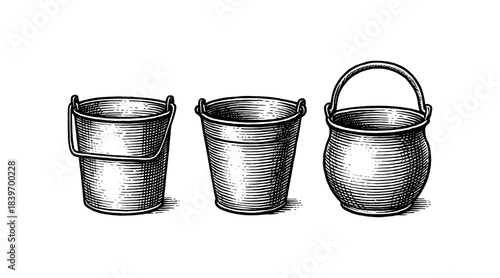 Detailed illustration of three different metal buckets in a vintage style