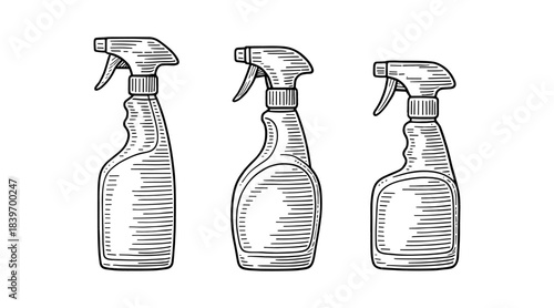 Detailed illustration of spray bottles in a row, perfect for cleaning product concepts