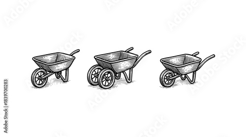 Wheelbarrows in a row, vintage engraving style, isolated on white background
