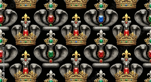 Ornate golden crowns and stylized cobra heads form a luxurious seamless pattern adorned with colorful jewels on a dark background ideal for fashion or textile design