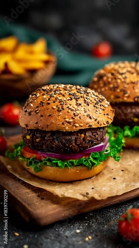 Wallpaper Mural Gourmet Plant Based Burger Served with Fresh Vegetables and Crispy Golden Fries. Torontodigital.ca