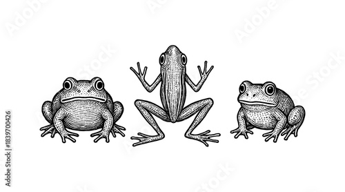 Detailed vintage illustration of three frogs in a row, black and white