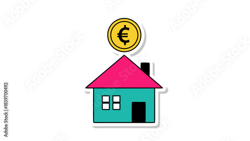 Cyan And Pink House With A Euro Coin On Top Isolated On Black Background
