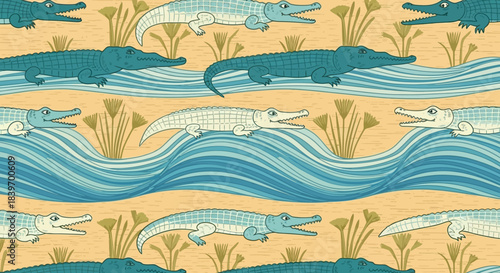 Seamless pattern featuring stylized Egyptian crocodiles swimming in wavy blue water with papyrus plants ideal for textile design wallpaper or historical backgrounds