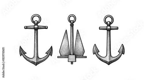Detailed illustration of three different anchors on a white background