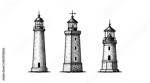 Detailed vintage lighthouse illustrations in a classic engraving style on a white background