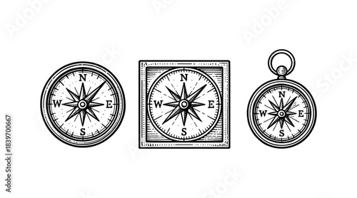 Vintage compass illustrations in three different styles on a white background