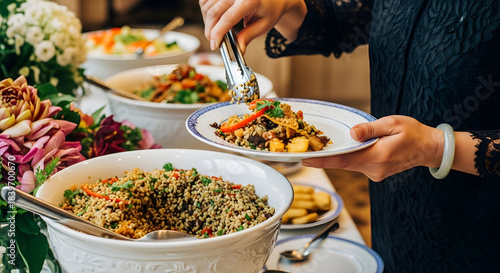 Close-up of a hand serving food from a buffet onto a plate, featuring fresh ingredients and elegant presentation.