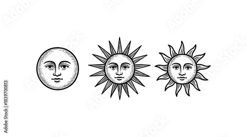 Vintage sun and moon illustrations in a classic engraved style on white background