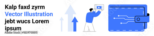Person presenting online tutorial next to digital wallet and upward arrows. Ideal for finance, technology, education, e-commerce, growth strategy, fintech, and simple landing page