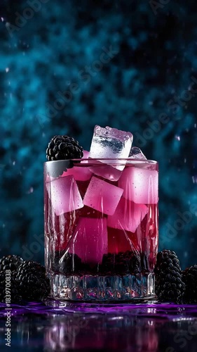 Wallpaper Mural Refreshing blackberry cocktail with ice cubes in a glass on a dark moody background. Torontodigital.ca