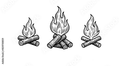 Fototapeta Naklejka Na Ścianę i Meble -  Hand-drawn campfire illustrations in black and white for outdoor and camping themes