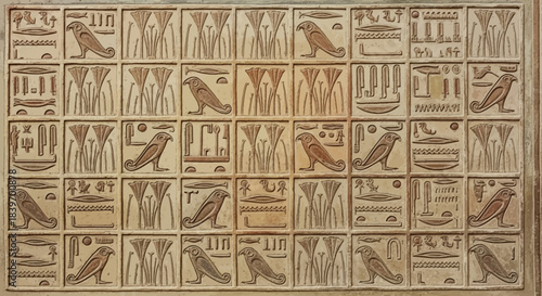 Ancient Egyptian hieroglyphic relief carving featuring repetitive bird and plant symbols a historical cultural pattern for design backgrounds and educational materials