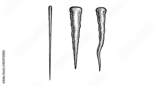 Hand-drawn illustration of icicles in various shapes and sizes against white