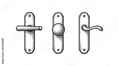 Vintage Door Hardware Illustrations: Lever, Knob, and Handle Designs