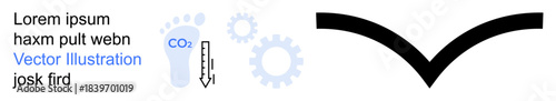 Environmental sustainability, carbon emissions, technology, measurement metrics, manufacturing, eco-conscious designs. Foot with CO2 label, gears thermometer and abstract black shape. Environmental