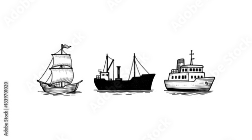 Vintage nautical illustration featuring three different types of boats on a white background